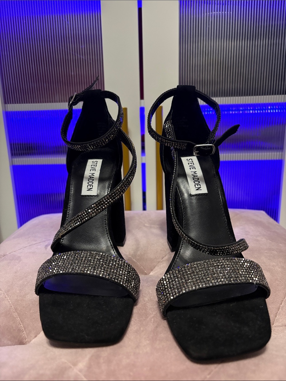 Steve Madden Black Crystal-Strap Block Heel Sandals